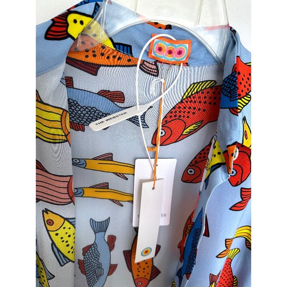 NWT LHD Star Island Blouse Shirt Silk Blue Corsican Trout Print Fish Colorful 4 - Picture 5 of 12